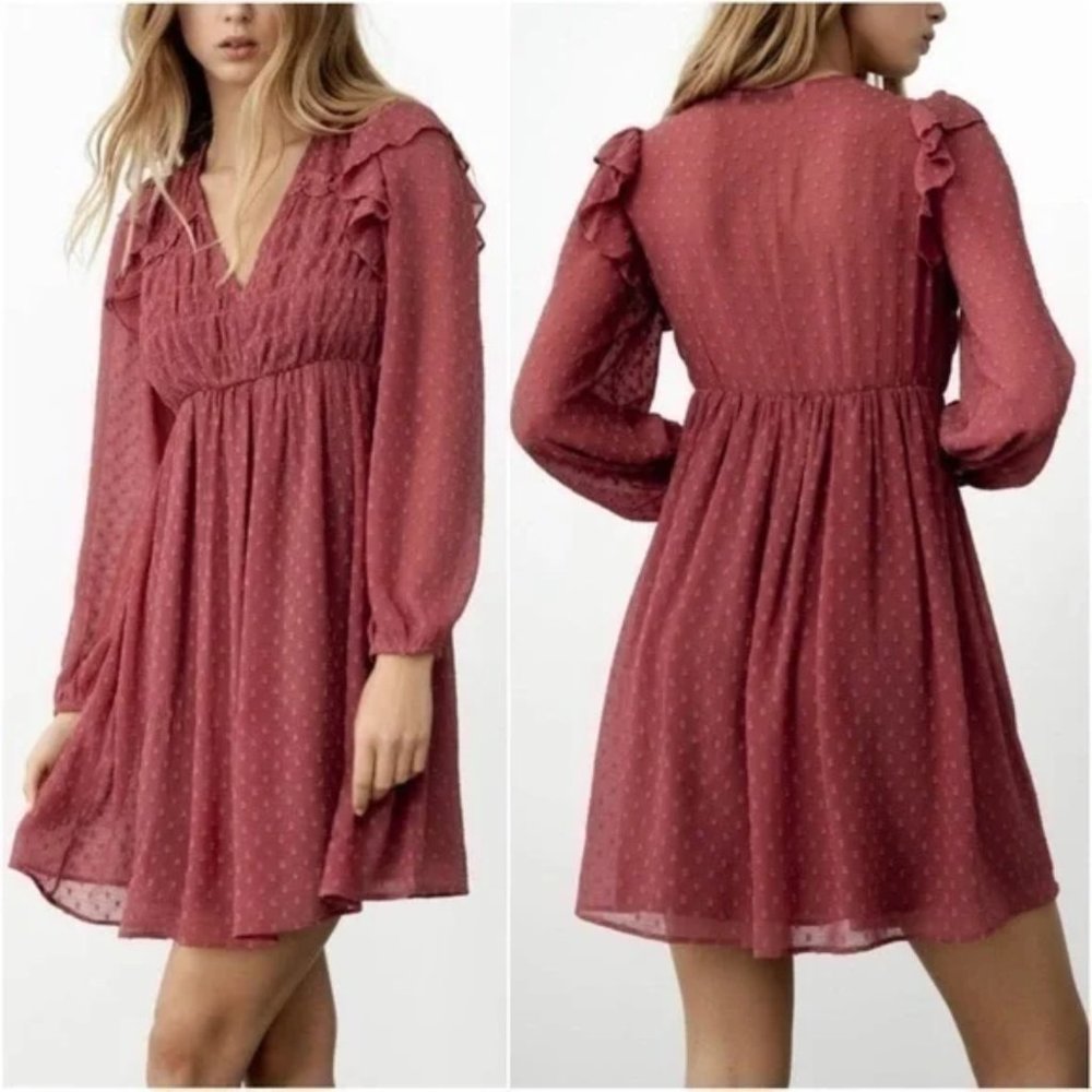 Zara Swiss Dot Ruffle Chiffon Mini Dress in Marsala Pink size Small V Neck